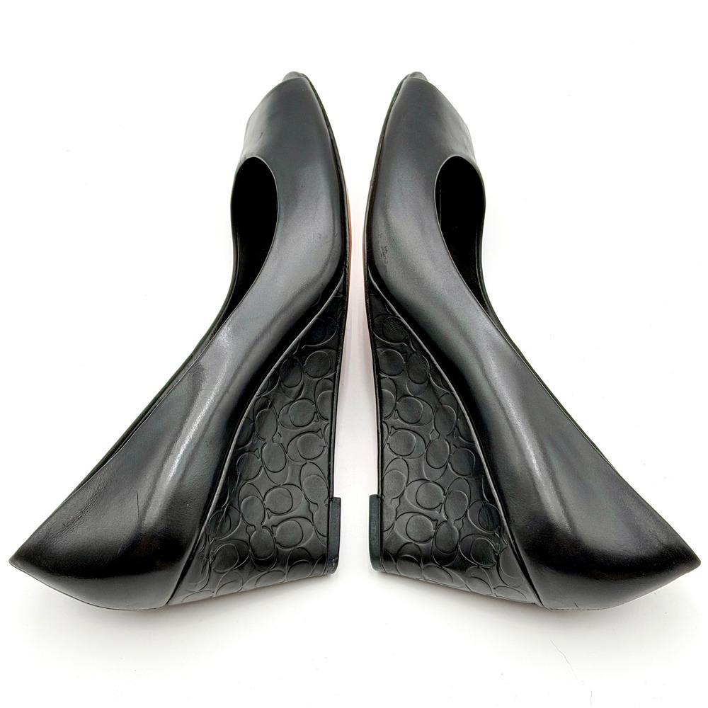 Coach Black Leather Peep Toe Wedge Pumps Embossed Logo Heel 7.5B - Picture 3 of 9